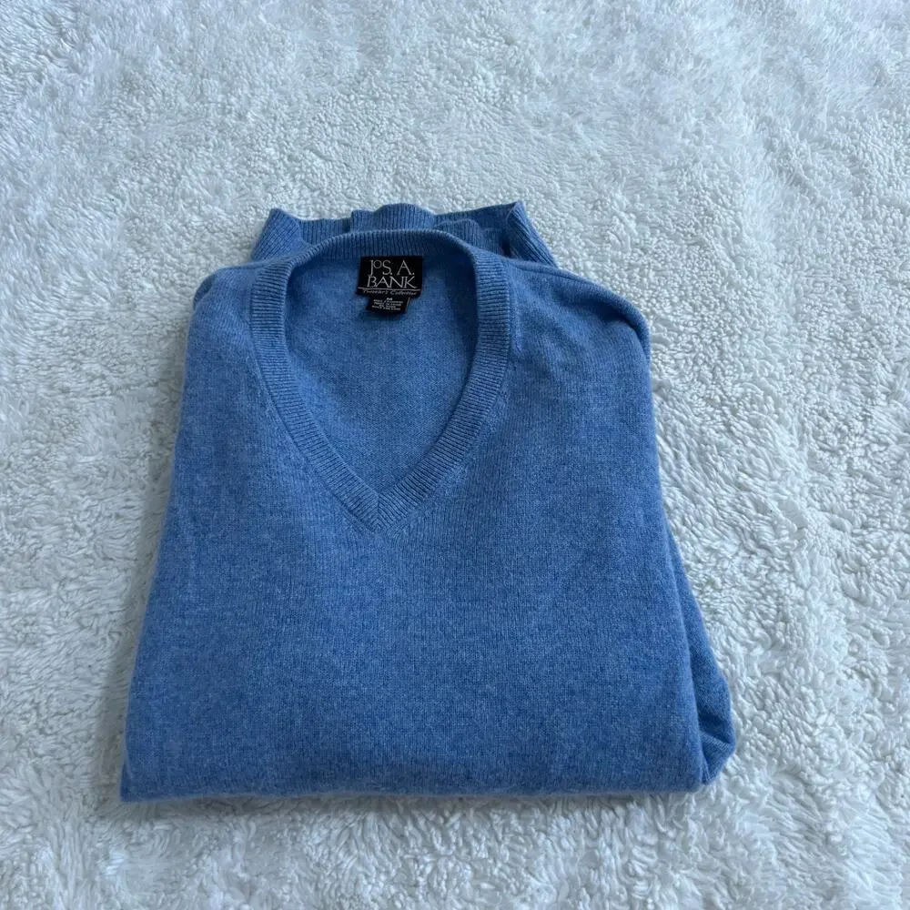 JOS A BANK Blue Cashmere Knit V-Neck Pullover L Preppy Office WorkWear Old Money